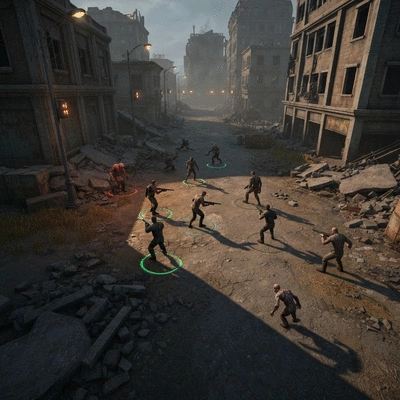 Post-apocalyptic combat scene with characters engaging in turn-based strategy against enemies